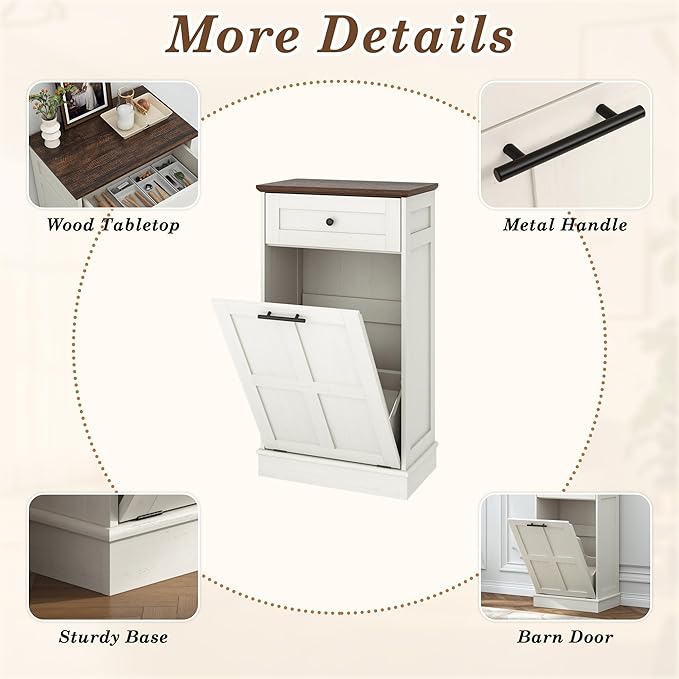 chartustriable Farmhouse Tilt-Out Trash Can Cabinet, 12.5 Gallon Laundry Hamper with Drawers, Wooden Hidden Garbage Can Cabinet w/Storage for Kitchen & Living Room, Antique White