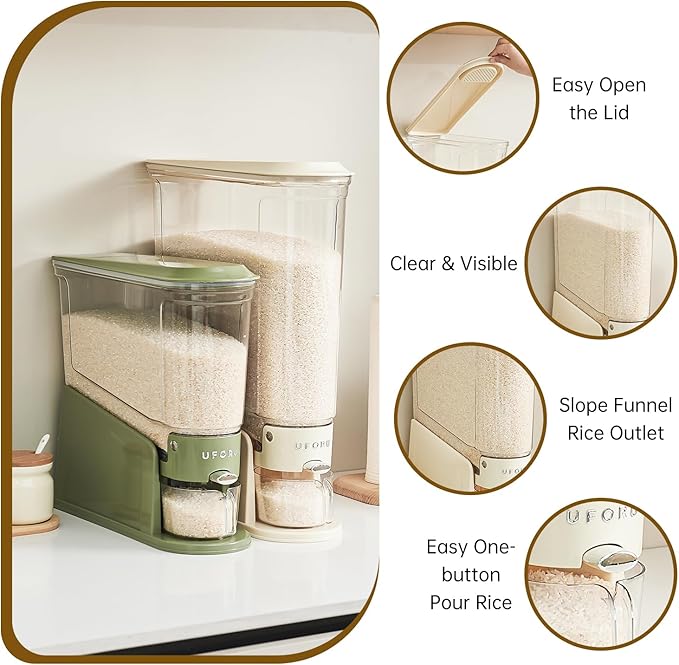 Rice Dispenser 11Lbs, Slim Rice Storage Container for Small Space, BPA-Free Clear Dry Food Dispenser Sealed Moisture Proof, Grain&Cereal Storage Bucket for Kitchen Pantry Household,Green