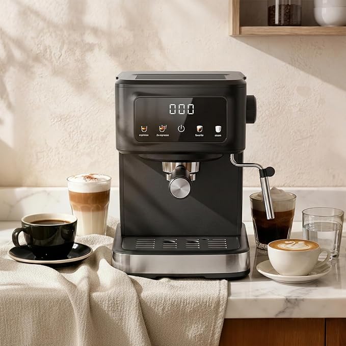 Kndko Espresso Machine, 15 Bar Digital Espresso Maker, Milk Frother Steam Wand for Latte & Cappuccino, Compact Coffee Machine, 1.5L Removable Water Tank, 2 cups dual-stainless steel filter