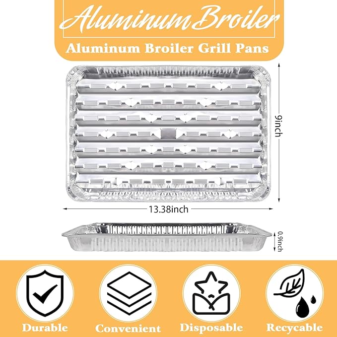 70 Pack Aluminum Grill Pans 13 x 9 Inch, Disposable Broiler Pans with Holes and Ribbed Bottom, Heavy Duty Foil Grill Liners for BBQ, Roasting, Drip Trays, and Oven Cooking