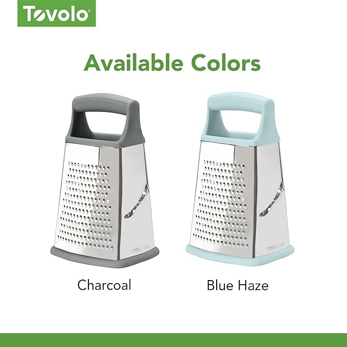 Tovolo Elements 4-Sided Box Grater - Stainless Steel Cheese Shredder with Coarse Medium Fine Slice Sides, Comfortable Handle & Stable Base for Kitchen Prep, Large, Blue Haze