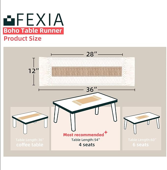FEXIA Boho Table Runner for Thanksgiving Home Decor with Tassels 36 Inches Long Farmhouse Rustic Table Runner Cream & Brown Macrame for Boho Dining Bedroom Decor Rustic Bridal Shower (12x36 Inches)