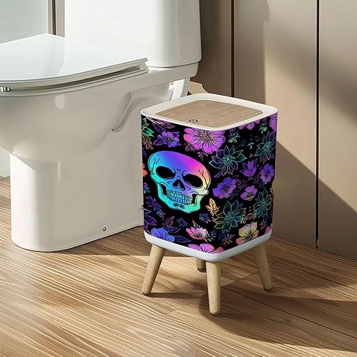 Small Trash Can with Lid Seamless Holographic Bright Human Skulls Flowers Wastebasket with Press Cover Dog Proof Garbage Can Waste Bin for Kitchen Bathroom Nursery 2.6 Gallon