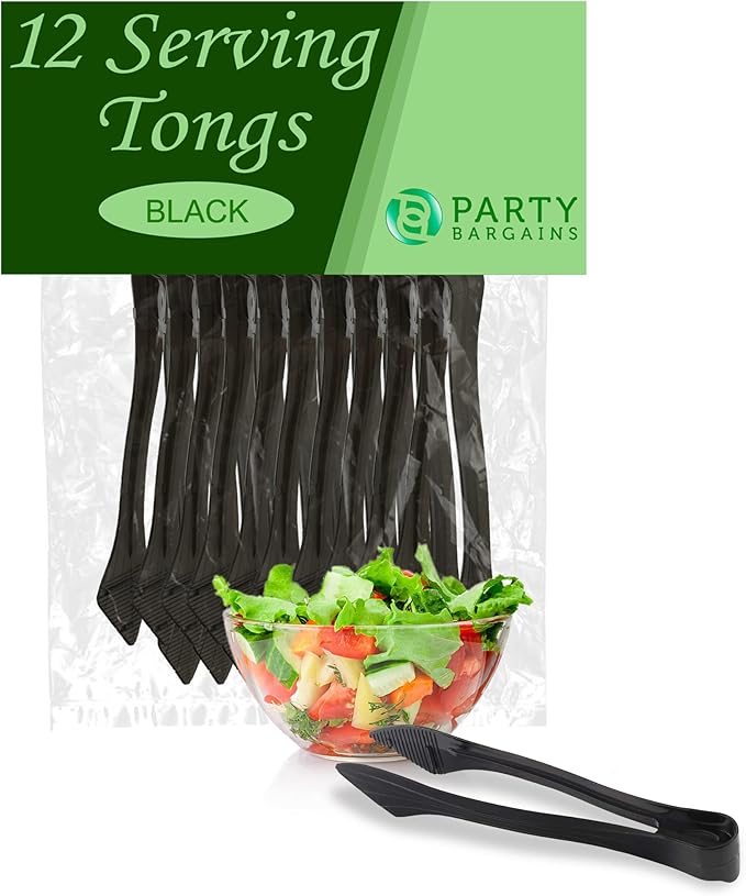 PARTY BARGAINS 8.5 Inches Plastic Serving Tongs, 12 Pack, Premium Quality & Heavy-Duty Black Plastic Tongs for BBQ, Salads, Grilling, Buffets, & Kitchen
