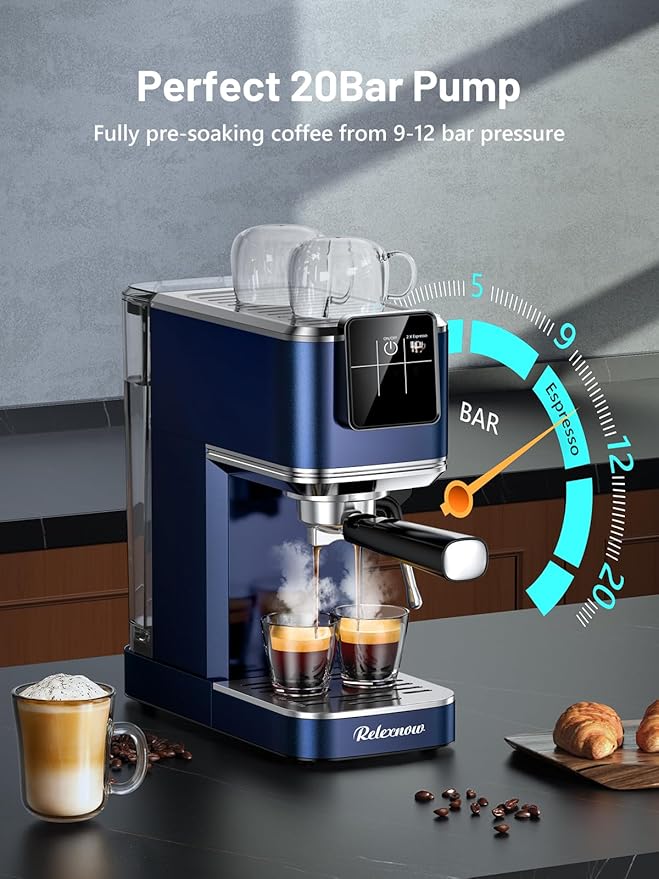 RELEXNOW Espresso Machine, 20 Bar Espresso Maker Milk Frother & LCD Panel, Hot & Iced Coffee Machine, Stainless Steel Espresso Coffee Machine with 41oz Water Tank for Cappuccino, Latte