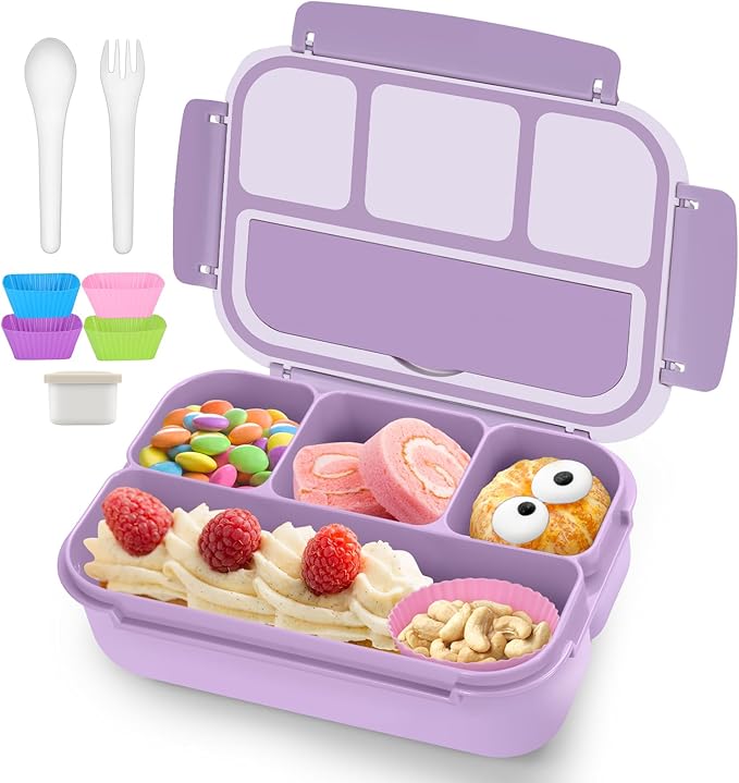 QQKO Bento Box Adult Lunch Box, Lunch Containers for Adults Men Women, Kids Lunch Boxes for School with 4 Compartments, Sauce Container, Utensils and Muffin Cups, Purple