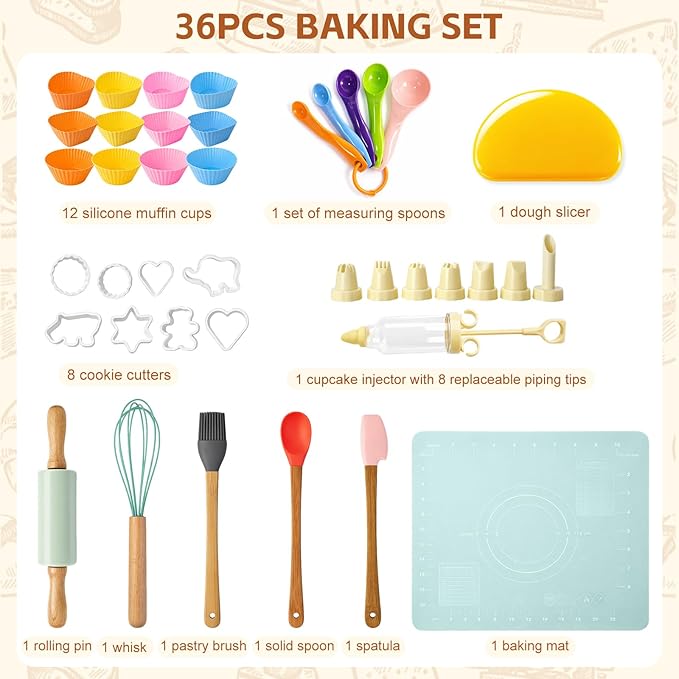 36PCS Kids Baking Set, Baking Kits for Kids with Food-Grade Silicone, Safe Kids Baking Kit for Toddlers, Ideal Gift for Parent-Child Baking Birthday Christmas