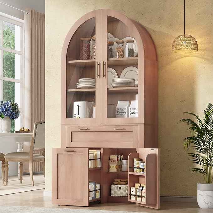 Itaar 71" Arched Kitchen Pantry Cabinet, Kitchen Storage Cabinets with 1 Large Drawer & Storage Cart 2 Tier & Door Shelves for Living Room, Dining Room, Natural Oak
