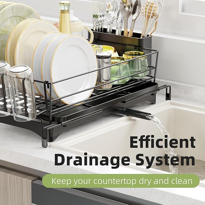 Ekisemio Expandable Dish Drying Rack for Kitchen Counter, Large Capacity Dish Drainer with Utensil Holder & Drip Tray, Space Saving Organizer (12.7"-21.7" x 17"), Black