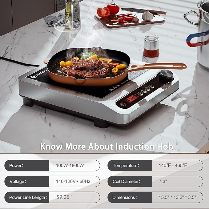 AMZCHEF Commercial Induction Cooktop, 1800W Countertop Burner with 18 Power&Temperature Setting, Double IGBT, Timer, Safety Function, Stainless steel Electric Hot Plate for Restaurant, Kitchen, Hotel