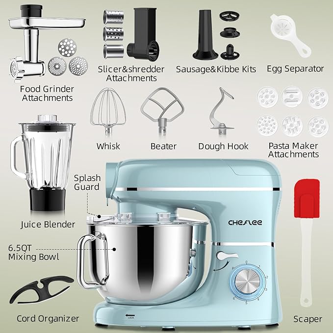 CHeflee Multifunctional Stand Mixer,660W, 6.5QT With Meat Grinder, Vegetable Slicer &1.5L Juice Blender,for Most Home Cooks,Blue