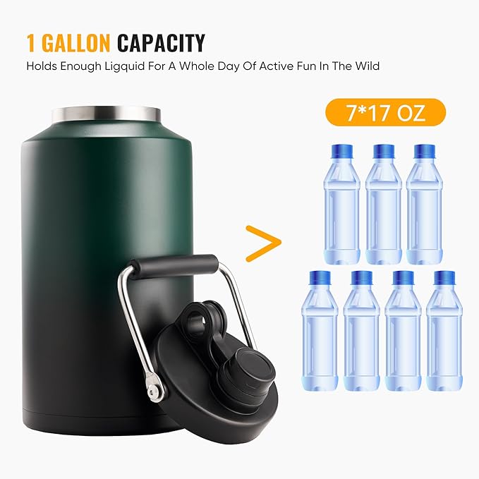 Kerilyn Insulated Gallon Jug with Handle, One Gallon, 128oz Stainless Steel, Large Double Vacuum Water Bottle for Hot & Cold Drinks, Wide Mouth, Sweat Proof, Great for Travel, Camping, Green Gradient