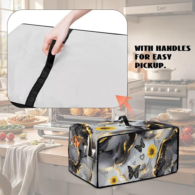 Convection Oven Cover Countertop Appliance Covers Stain-resistant Microwave Oven Protector for Kitchen Home Decor, L, Black Gray Gold Marble Butterfly Sunflower