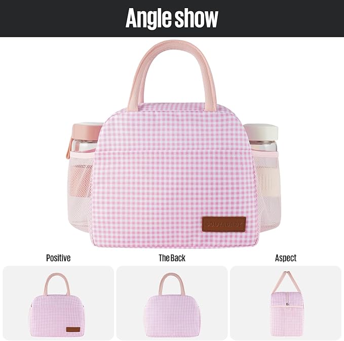 douyadady Lunch Bag Women/Men Lunch Box Women/Men (Pink+White Grid)