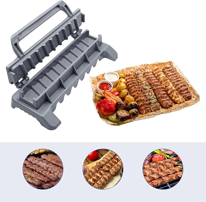 Large Kebab Maker Plastic Press with 6 Stainless Steel Skewers and 1 Peeler, Kabob Skewers Barbecue Machine Maker Mold, Portable Easy to Use Kebabs Essential Grilling Tool (Grey)