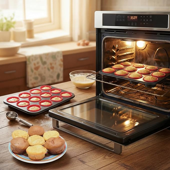 2 Set 12-cup Non Stick Carbon Steel Muffin Pan for Baking with 24 Reusable Silicone Liners, Non Toxic Cupcake Pan Muffin Tin for Easter Wedding Brownies Egg Bite, Easy to Pop(Red)