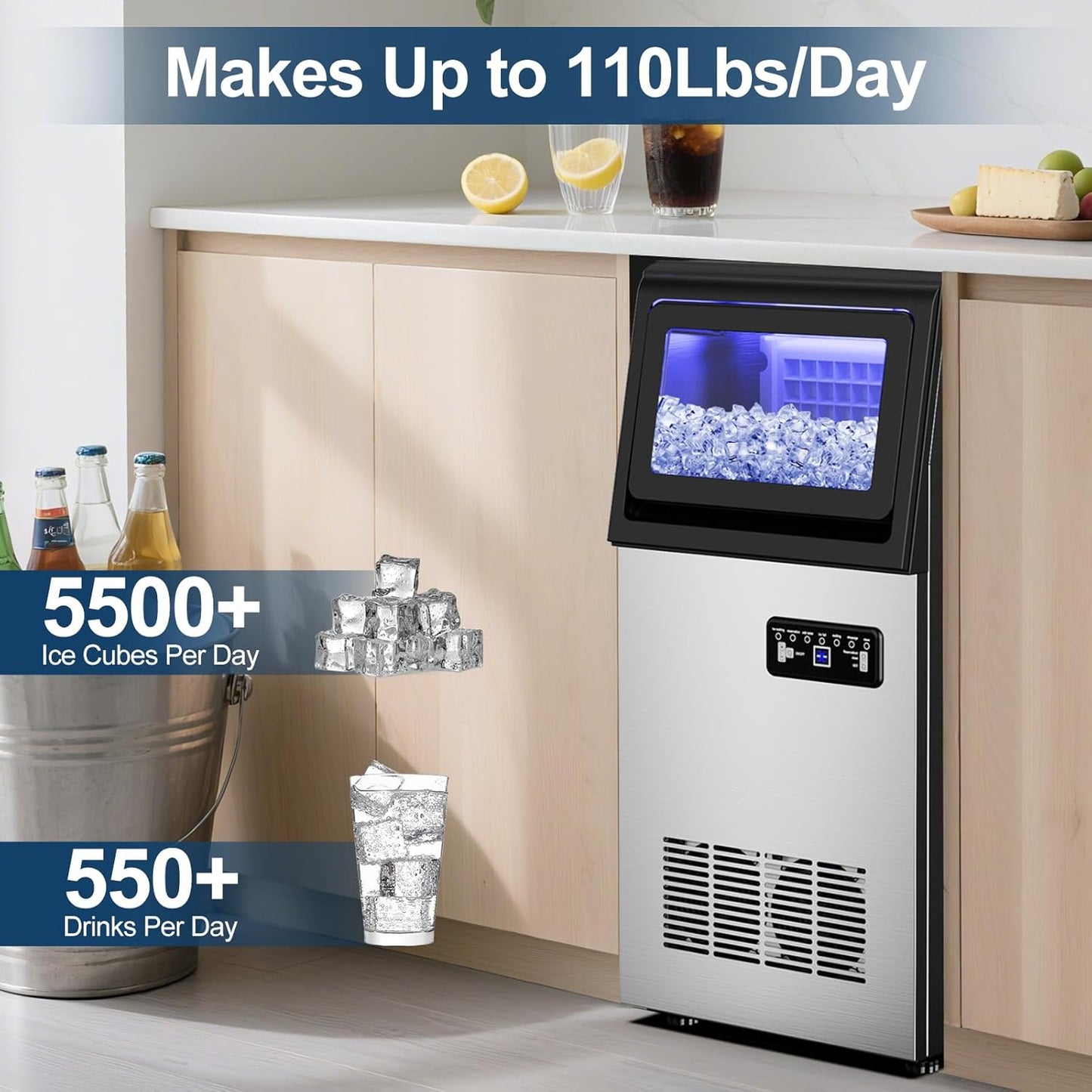 Commercial Ice Maker Machine 110Lbs/24H with 2 Water Inlet Modes, 36Pcs Ice Cubes in 8-15 Mins, Stainless Steel Under Counter/Freestanding Ice Machine with 25Lbs Storage Bin for Home/Shop/Office/Bar