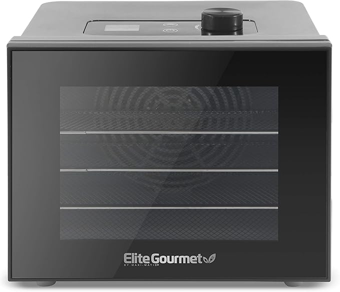 Elite Gourmet 4-Tray Food Dehydrator and Programmable Bread Maker Machine with 19 Menu Functions, 3 Loaf Sizes, and 15-Hour Delay Timer