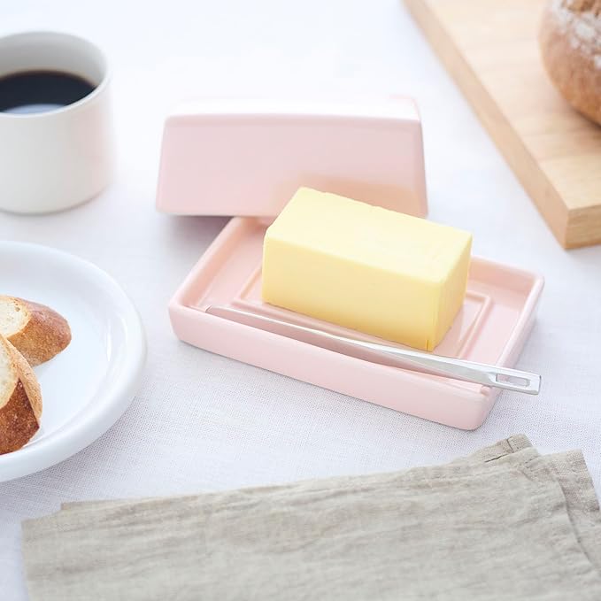 ZERO JAPAN Compact Butter Dish for Countertop, Fits West Coast Butter Sticks (Stubby Size), Ceramic Butter Keeper with Lid, Space-Saving Design, Made in Japan, Pink