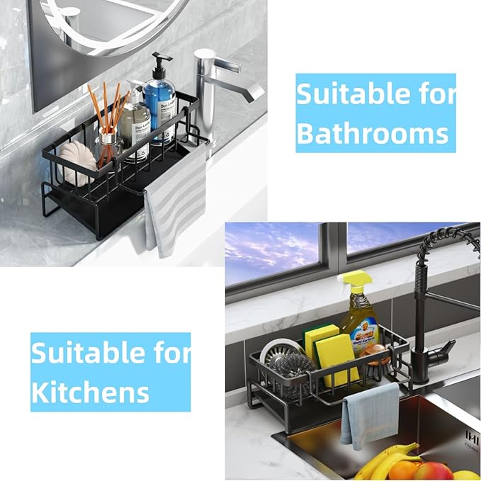 Sponge Holder for Kitchen Sink, Kitchen Sink Caddy Rustproof 304 Stainless Steel Dish Sponge Organizer with Detachable Dishcloth Rack Bathroom Organizer Dish Soap Dispenser Brush Holder Storage