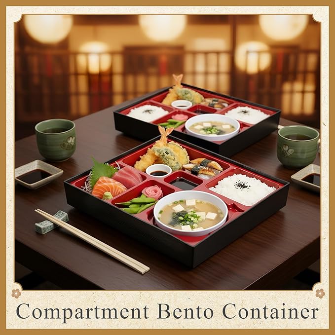 Teenyyou 2 Pcs 12 x 9.5 x 2.2 Inch Japanese Bento Box 6 Compartments and Bowl Divided Lunch Box with Greaseproof Adult Japanese Bento Lunch Container Sushi Home Restaurant