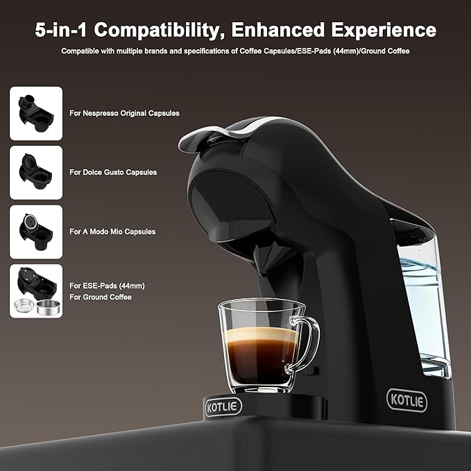 KOTLIE EM-308B Espresso Machine, Single Serve Coffee Maker Compatible with Multiple Capsule Types, Ground Coffee, and ESE Pods, 3 Temperatures, 7 Water Volume Levels, 34 Oz (Black)