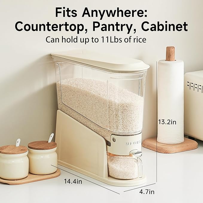 Rice Dispenser 11Lbs, Slim Rice Storage Container for Small Space, BPA-Free Clear Dry Food Dispenser Sealed Moisture Proof, Grain&Cereal Storage Bucket for Kitchen Pantry Household, Cream White