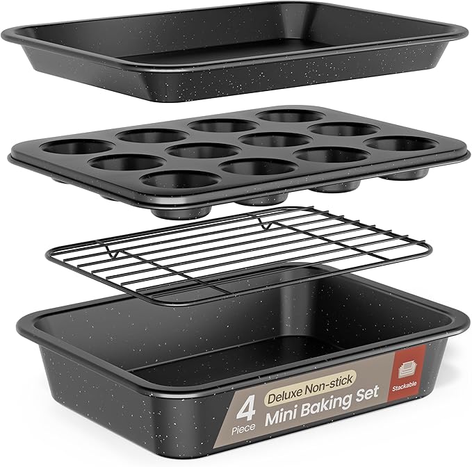Bakken 4-Piece Bakeware Sets, Nonstick Carbon Steel Baking Sheet, Stackable Space-Saving Bakeware, Dishwasher Safe, Stain-resistant, PFOA, PFOS, & PTFE Free, Oven Safe Up To 450°F, Gray Marble