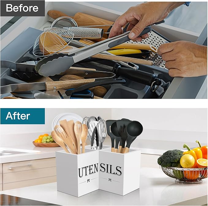 Suli Extra Large Kitchen Utensils Holder with 3 Compartments,Corner Utensil Caddy for countertop,Wooden Utensil Organizer for Kitchen Countertop, Farmhouse Decor- White