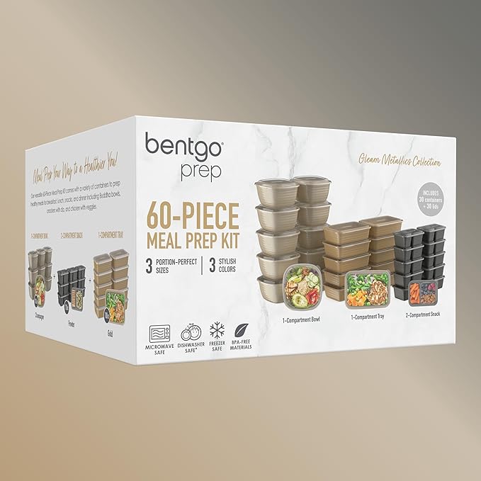 Bentgo Prep 60-Piece Variety Meal Prep Kit - Reusable PFAS & BPA-Free Food Containers 1-Compartment Trays, Prep Bowls, & Snack Boxes - Microwave, Freezer, & Dishwasher Safe (Gleam Metallics)