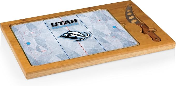 PICNIC TIME NHL Utah Mammoth Icon Glass Top Cutting Board & Knife Set, Charcuterie Board Set with Stainless Steel Cheese Knife, Tempered Glass Serving Platter and Charcuterie Set, (Natural Wood)