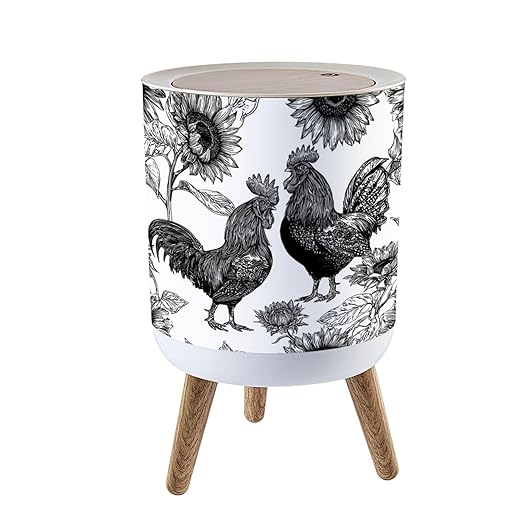 Trash Can with Lid Intricate Rooster Sunflower Black White Press Top Round Small Garbage Bin with Wooden Legs Waste Basket for Kitchen Bedroom Nursery 7L/1.8 Gallon