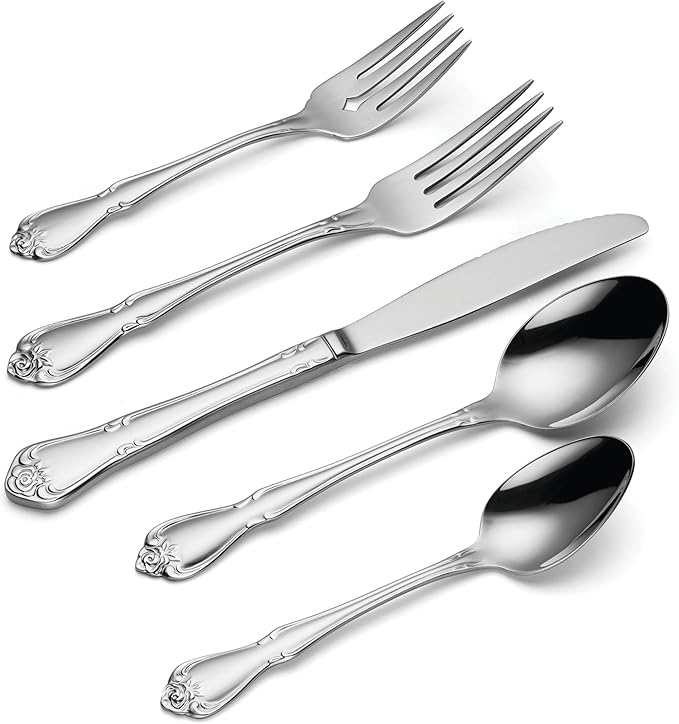 Oneida Silverware Set, True Rose 20-Piece Everyday Flatware Set, Service For 4, 18/0 Stainless Steel, Dishwasher Safe, Knife Spoons And Forks Set, Home And Kitchen Utensils (Silver, 20 Piece)