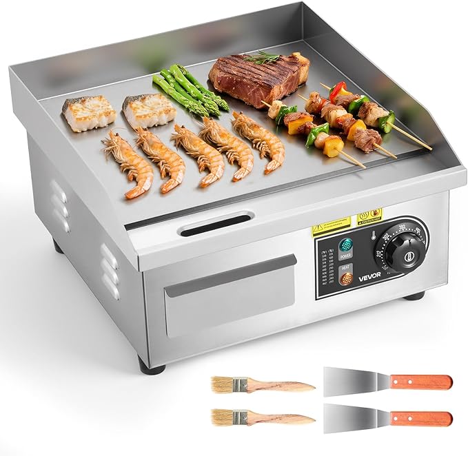 VEVOR Commercial Electric Griddle, 13.98 x 11.81 inch, 1750W, 122-570°F Adjustable Temp Control, Stainless Steel Countertop Flat Top Grill with 2 Spatulas and 2 Brushes, for Steak, Pancake, Squid
