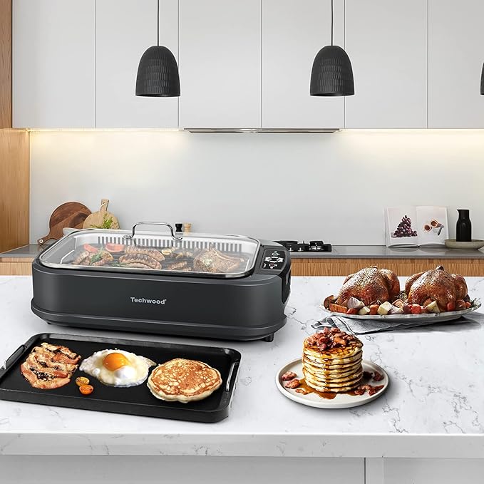 Indoor Grill, Techwood 1500W Smokeless Electric Grill with 2 in1 Nonstick Grill/Griddle Plates, Portable Korean BBQ Grill with 6-Level Control, Glass Lid, Dishwasher Safe, Double Plates, Gray
