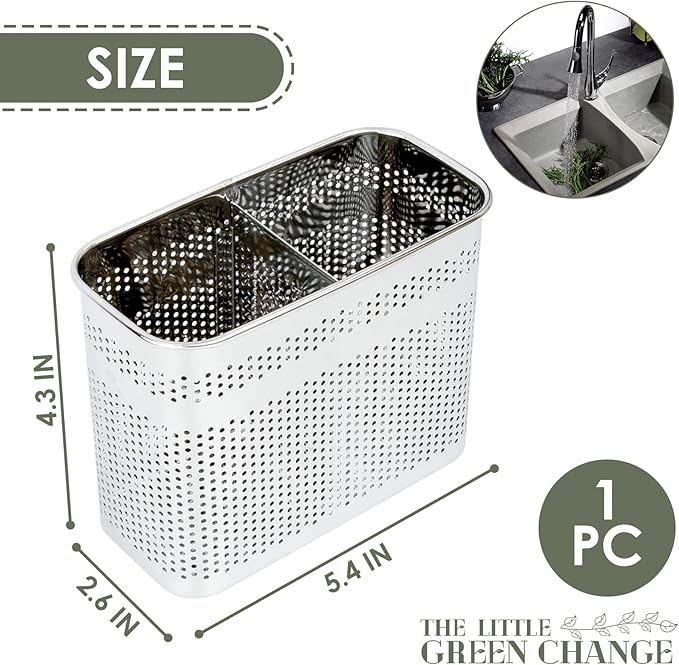 Kitchen Utensils Chopsticks Holder Drying Rack Basket with Hooks 2 Divided Compartments Quality Stainless Steel Large L5.4 X H4.3 X W2.6