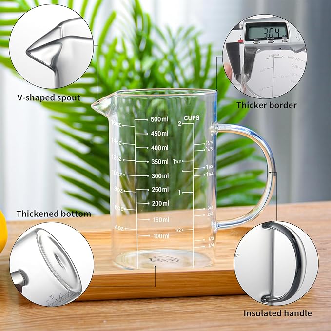 77L 3 Pack Glass Measuring Cup Set (1 1/4, 2 & 4 Cup) [Insulated handle, V-Shaped Spout], High Borosilicate Liquid Glass Measure Cup for Kitchen, Easy To Read, Dishwasher, Freezer, and Microwave Safe