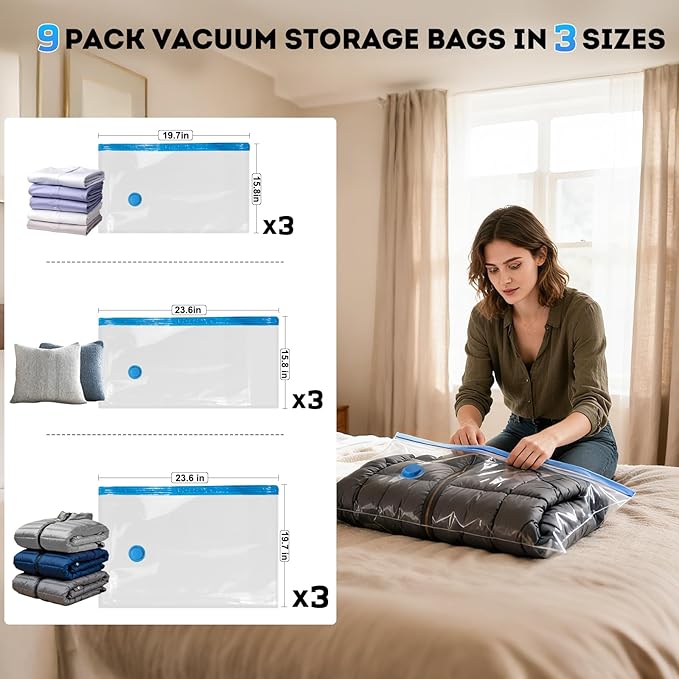 Mapambo Vacuum Seal Bags for Clothing Travel with Electric Pump, 9 Pack Vacuum Bags in 3 Combo sizes, Space Saver Vacuum Storage Bags, Reducing Luggage Volume by up to 80% (9 Combo Travel Size)