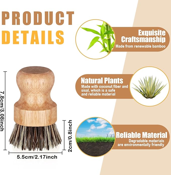 Nuenen 6 Packs Bamboo Dish Scrub Brushes Wooden Scrubbers Set Kitchen Dishwashing Scrubber with Natural Sisal Bristles for Iron Pot Pan Sink(Sisal)