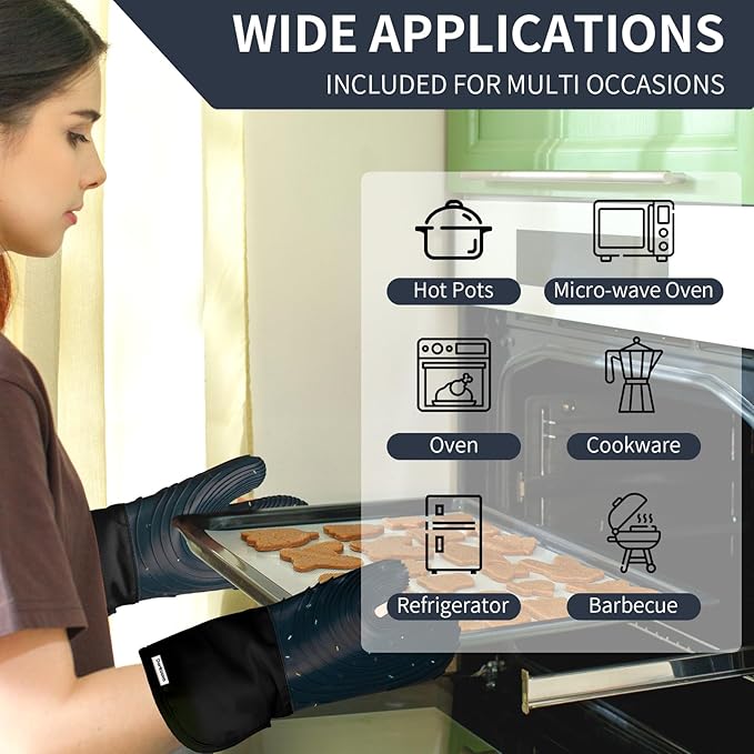 Silicone Oven Mitts,Cotton Lined Gloves, BPA-Free, Long Cooking Mitts and Trivet Mats, Oven Mitts Set for BBQ, 4 Pieces (Dark Grey)