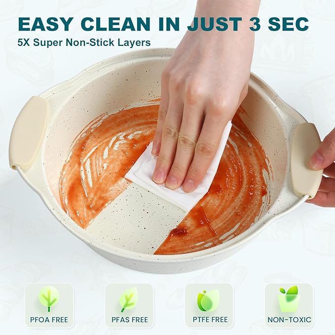 10-Piece Nonstick Baking Pans Set, Stackable Non-Toxic Bakeware Sets with Silicone Handle, Oven Pan Set for Cooking, Includes Easy Release Cookie Sheet, Roasting Pan, Muffin Tin (Cream)