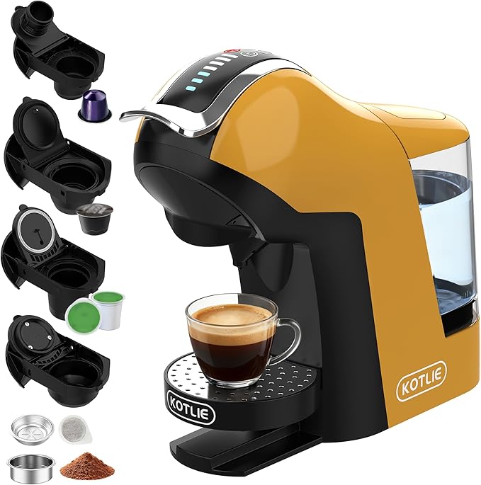 KOTLIE EM-308B Espresso Machine, Single Serve Coffee Maker Compatible with Multiple Capsule Types, Ground Coffee, and ESE Pods, 3 Temperatures, 7 Water Volume Levels, 34 Oz（Yellow）
