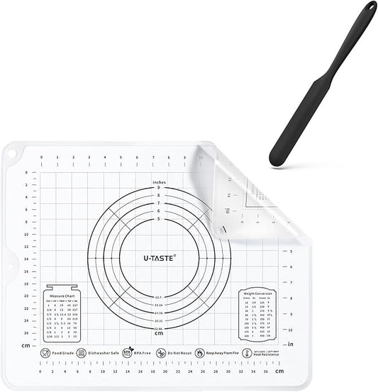U-Taste 600ºF Heat-Resistant 10in Long Skinny Silicone Jar Spatula, and 20inx16in Large Silicone Pastry Mat Food-Grade Non-Stick Dough Rolling Mat (Black+Transparent)