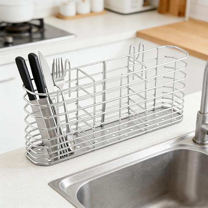 3-Compartment 304 Stainless Steel Utensil Holder | Hook Design Silverware Drying Rack | Drainage Basket for Kitchen Tableware Storage with Three Dishwashing Sponges and a Dishcloth