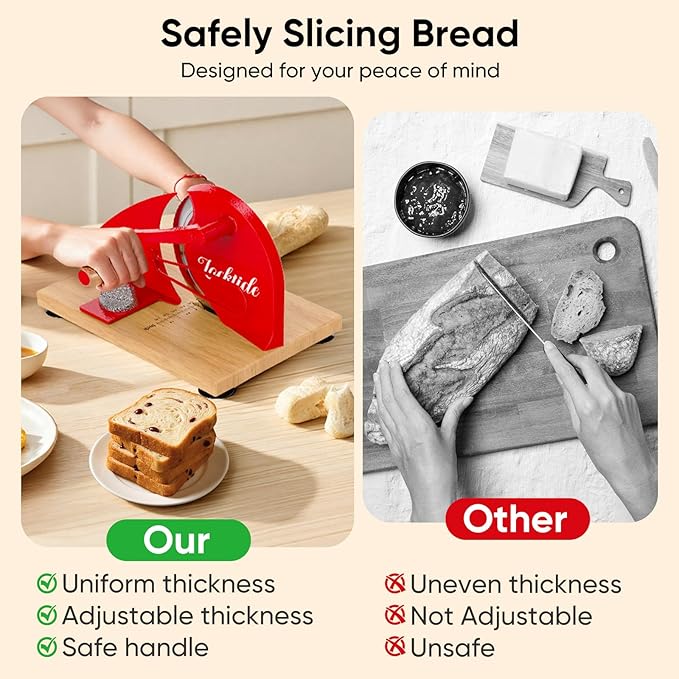 Upgrade Manual Bread Slicer for Homemade Sourdough - Adjustable Thickness & Evenly Slice, Bread Slicer with Scale Lines, Hand Crank, Suction Cups and Bread Guide for Sandwiches, Toast, Bagel, Baguette