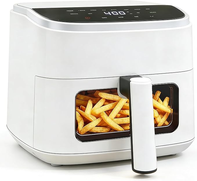 HealSmart 4 Qt Air Fryer with Visible Window, 8-in-1 Digital Airfryer with Interior Light, 1500W, Nonstick Dishwasher-Safe Basket for Fries, Bake, Wings, 60-Min Timer, White