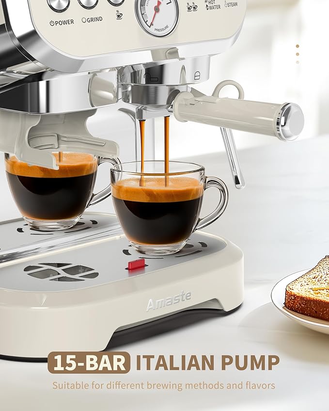 Amaste Espresso Machine with Grinder, 15 Bar Espresso Machine with Steam Wand for Latte and Cappuccino, 68Oz Water Tank, Pre-Infuse Brewing, Espresso Coffee Maker for Home Use, Barista Kit, White