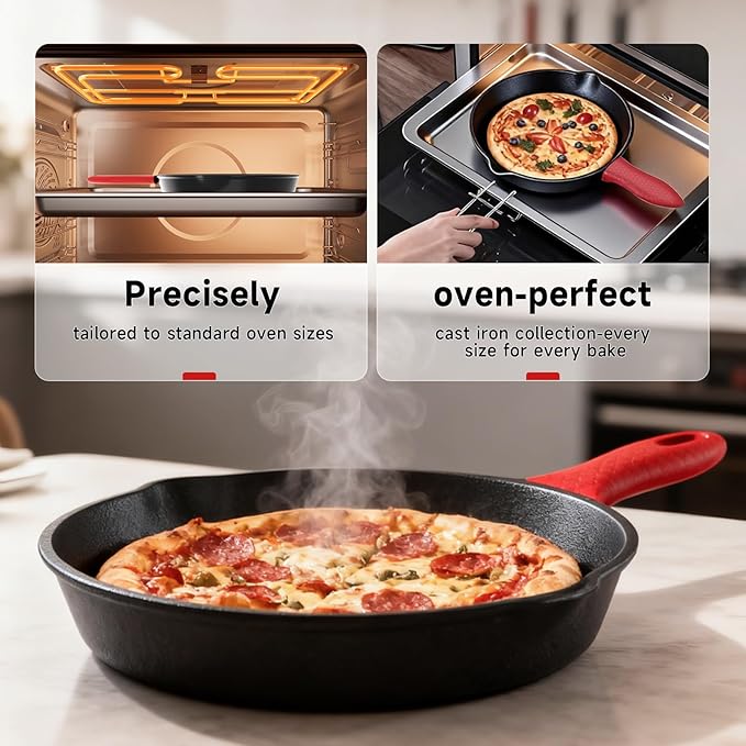 6/8/10 Inch Seasoned Skillet 3-Piece Set, for Frying, Saute, &More, for Oven, Stove, Grill, or Campfire, Black, with Silicone Handle Grip Covers