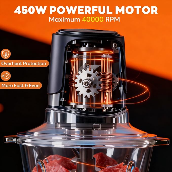 OLIXIS Electric Food Processor, 450W Meat Grinder & Vegetable Chopper with 2 Bowels for Home Use, Food Chopper with Double S-Blades for Vegetable, Onion, Garlic, Nuts, Meat