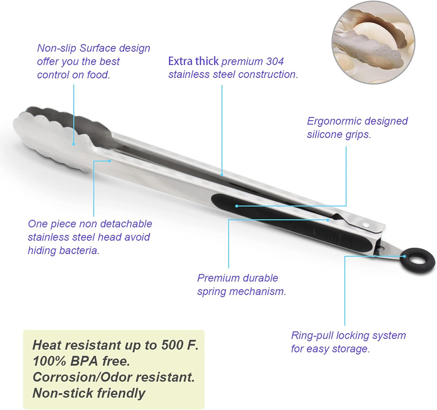 304 Stainless Steel Kitchen Cooking Tongs, 9" and 12" Set of 2 Sturdy Grilling Barbeque Brushed Locking Food Tongs with Ergonomic Grip, Black